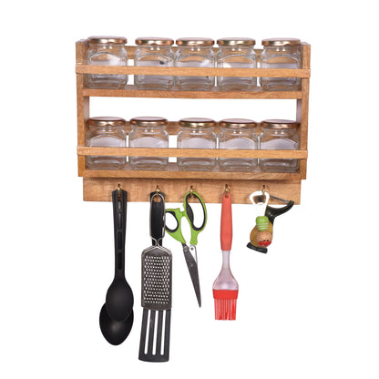 The Weaver's Nest Solid Wood Storage Jar Rack Shelf with Glass jars and Hooks for Kitchen, Restaurants, Hotels
