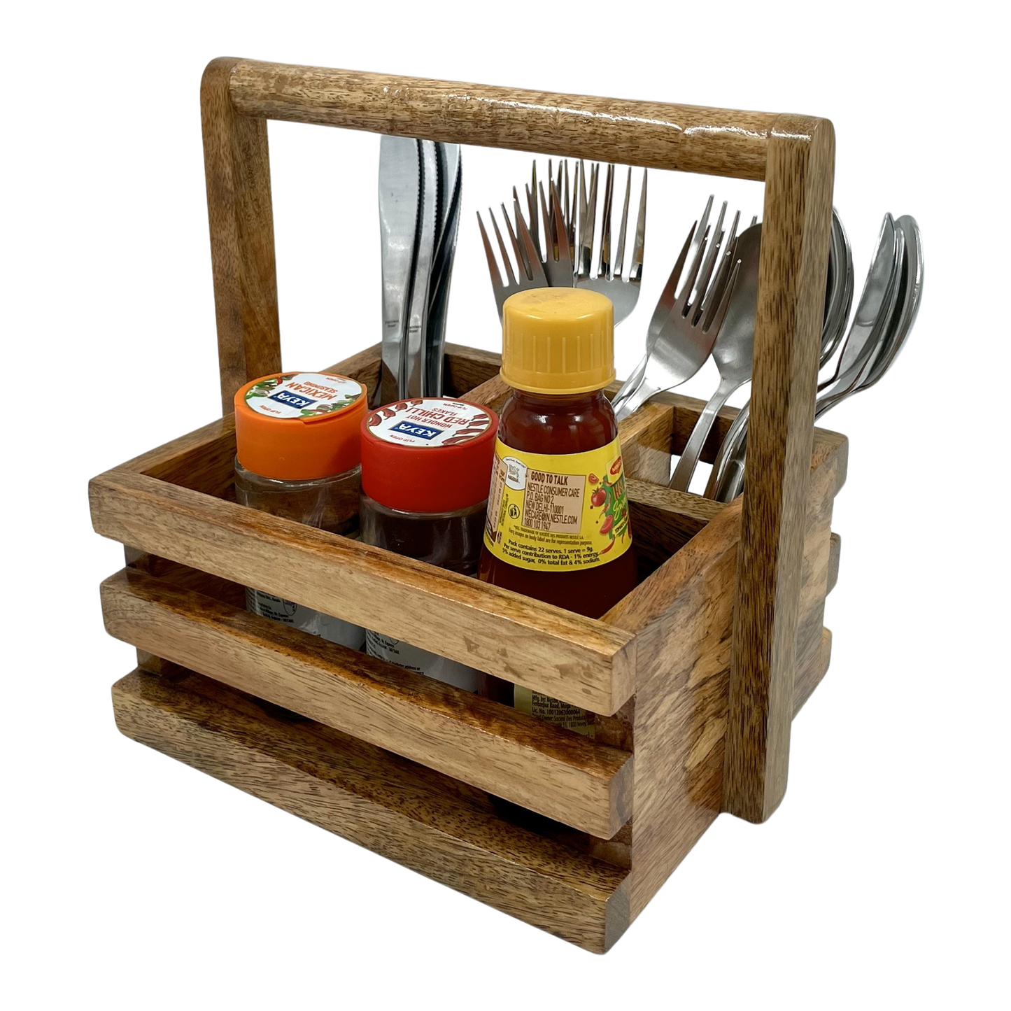 The Weaver's Nest Wooden Table Utility Cutlery Holder/Caddy with Handle for Spoons, Forks, Knives Organiser for Dining Table, Kitchen and Restaurants