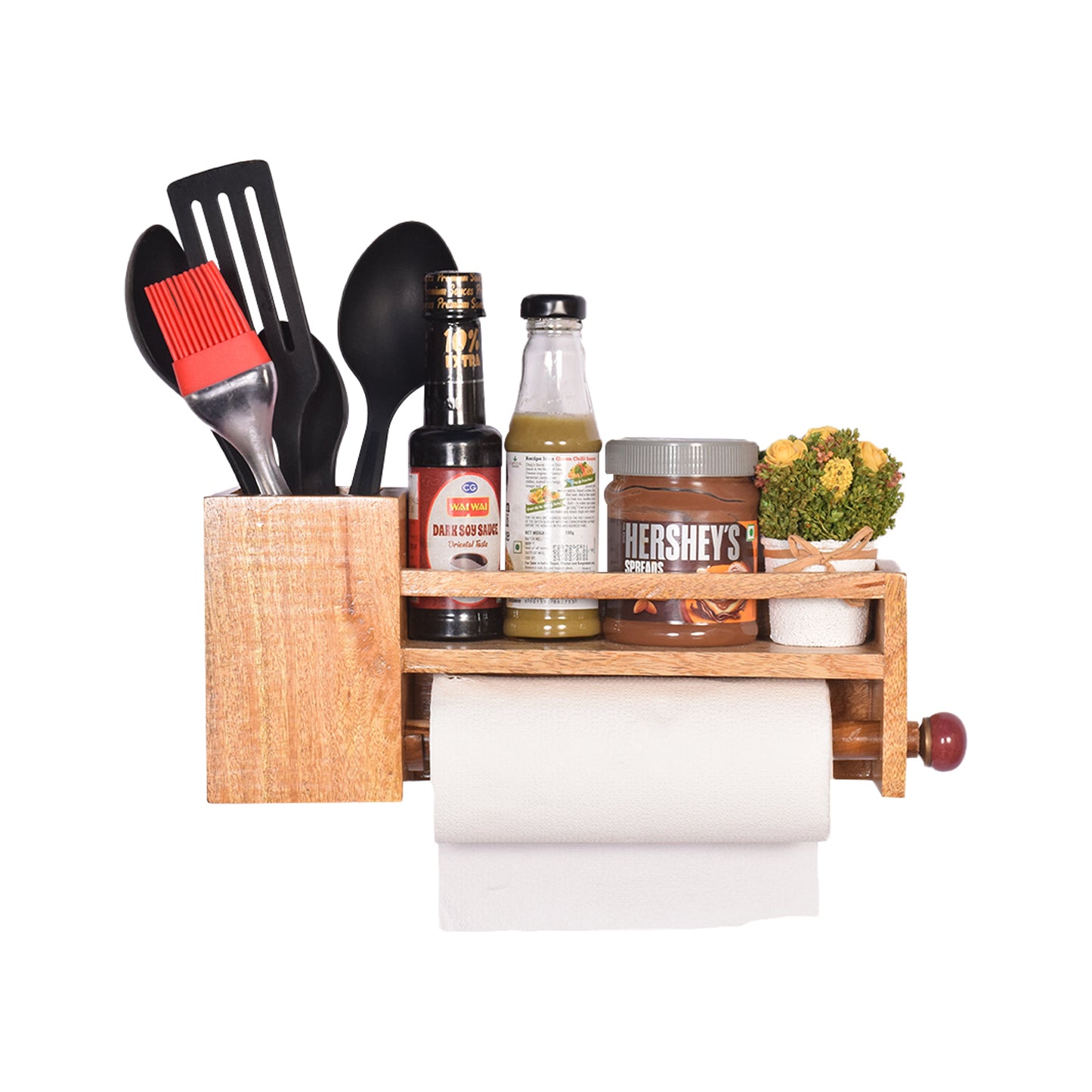 The Weaver's Nest Wooden Towel Holder/Rack with Shelf and Spoons, Forks, Knives Organiser for Kitchen, Restaurants, Hotels