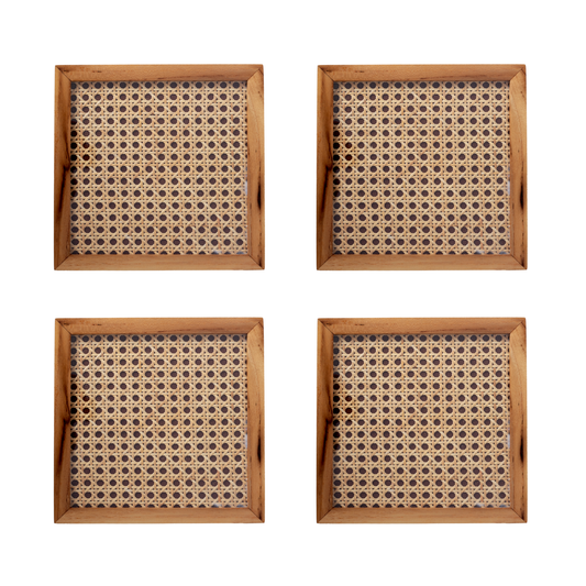 The Weaver's Nest Teak Wood Cane Coasters - Set of Four - Large