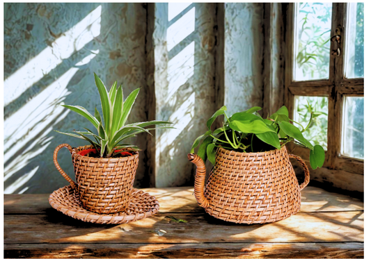 The Weaver's Nest set of two Cane Planters - Kettle & Cup-saucer