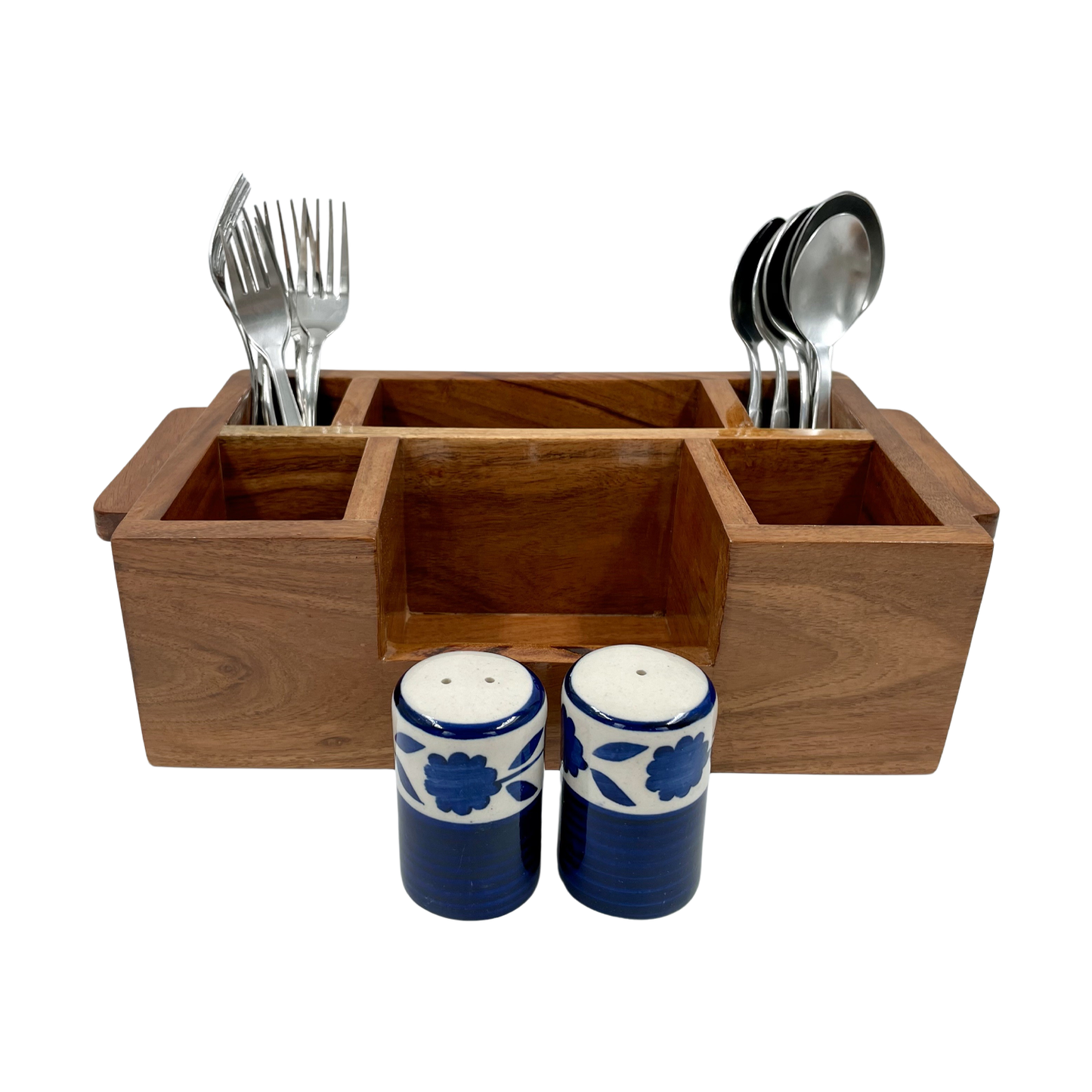 The Weaver's Nest Wooden Cutlery Holder with Salt & Pepper for Kitchen Dining