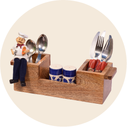 The Weaver's Nest Wooden Cutlery Holder with Salt & Pepper Shakers and chef for Kitchen, Dining Table, Restaurants (34 x 11 x 10 cm)