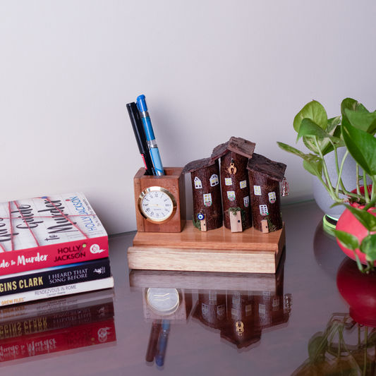Rustic Houses in a Row Organizer Mobile Holder with clock