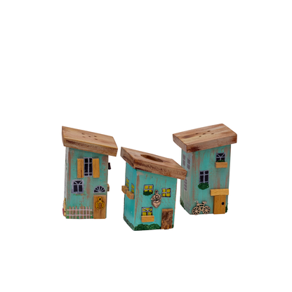 Rustic Houses Table Caddy & Condiment Organizer, Salt & Pepper Holder , Toothpick Holder - Teal Blue