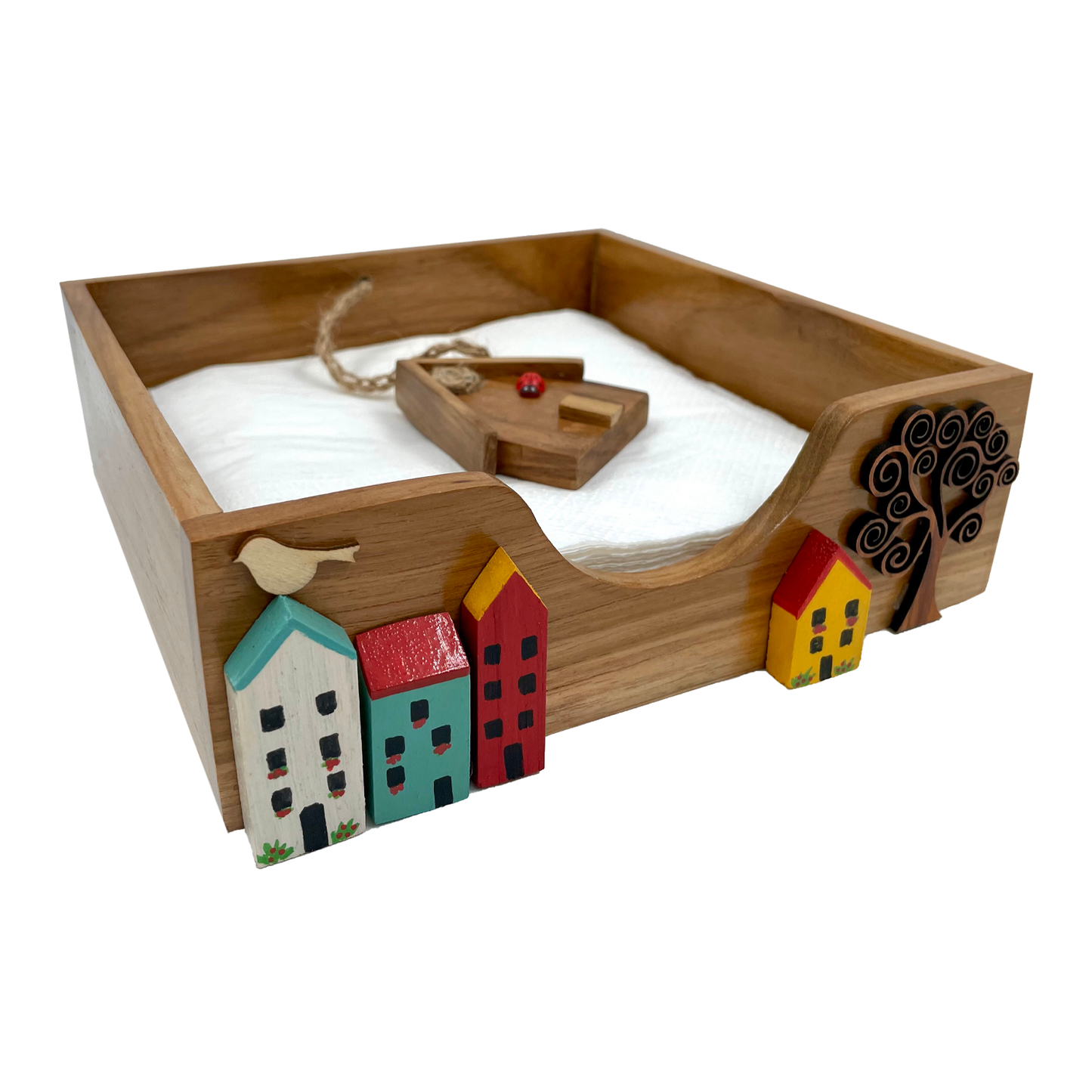 The Weaver's Nest Teak Wood Napkin Holder- Row of Houses