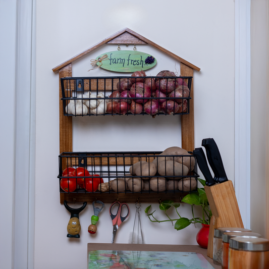 The Weaver's Nest Farm-Style Wall-Mounted Wood and Iron Vegetable Storage Unit Two Tier (Big)