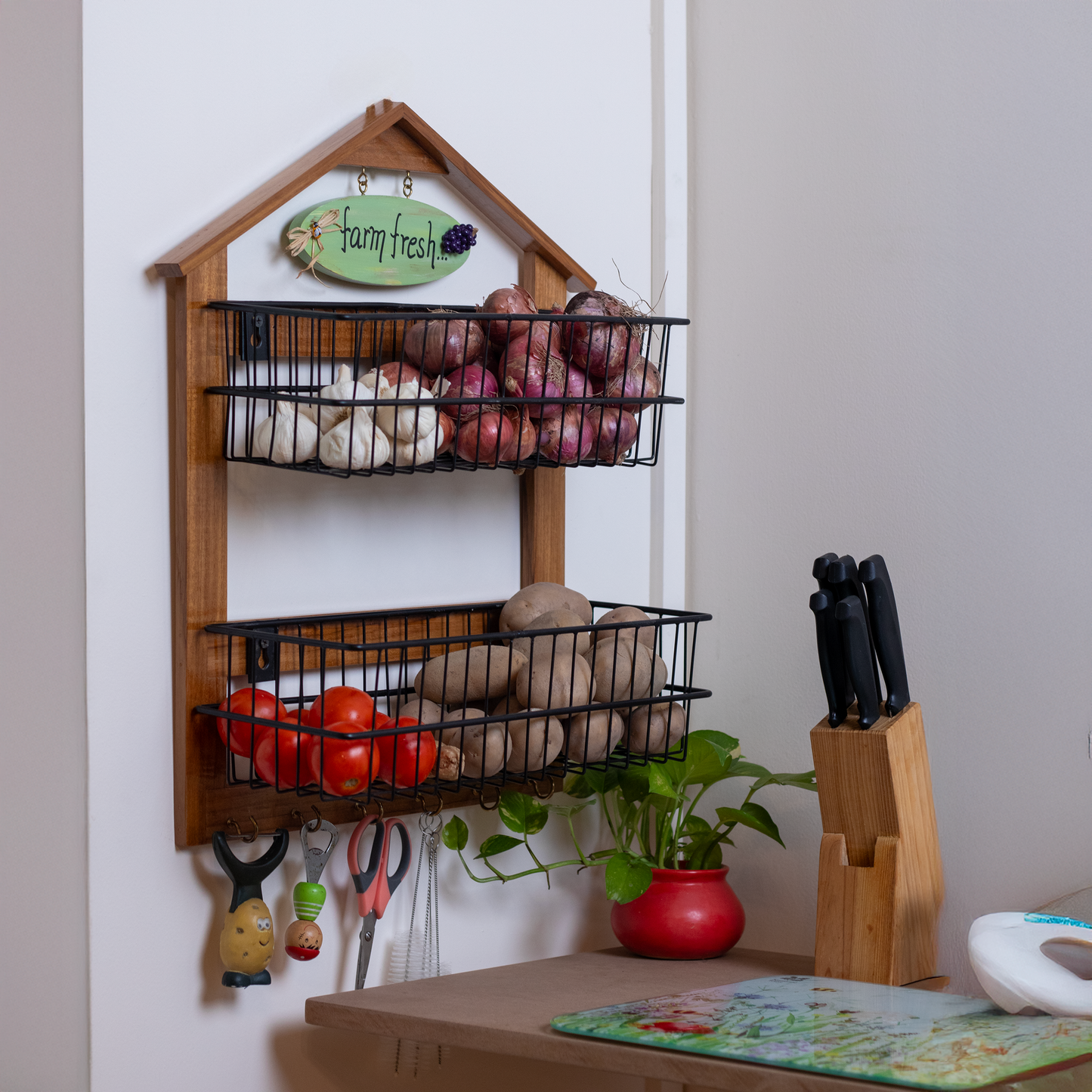 The Weaver's Nest Farm-Style Wall-Mounted Wood and Iron Vegetable Storage Unit Two Tier (Big)