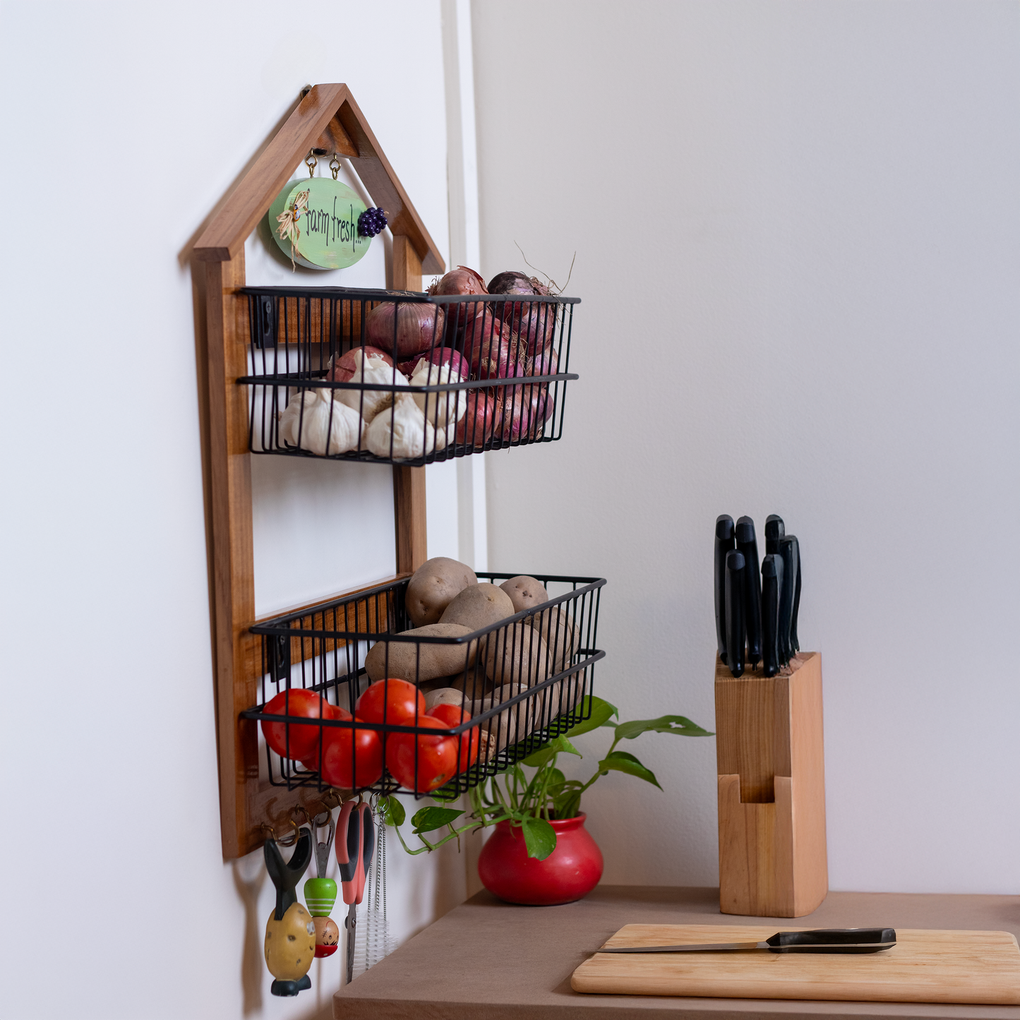 The Weaver's Nest Farm-Style Wall-Mounted Wood and Iron Vegetable Storage Unit Two Tier (Big)