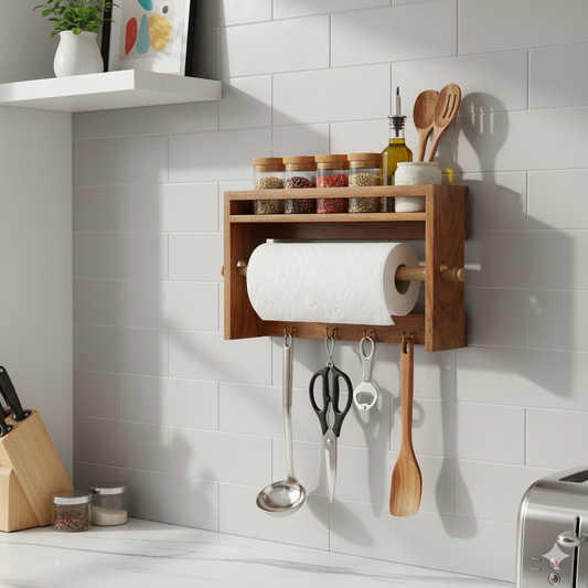Solid Wood Kitchen Towel Holder with Hooks and Spice shelf