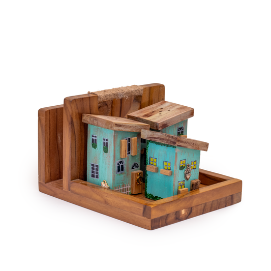 Rustic Houses Table Caddy & Condiment Organizer, Salt & Pepper Holder , Toothpick Holder - Teal Blue