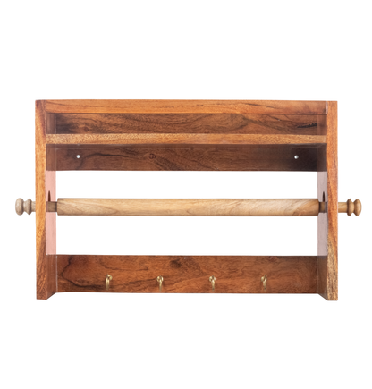 Solid Wood Kitchen Towel Holder with Hooks and Spice shelf