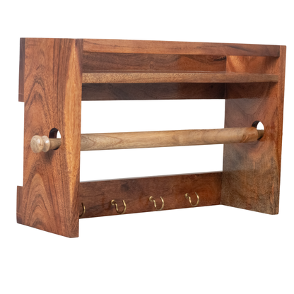 Solid Wood Kitchen Towel Holder with Hooks and Spice shelf