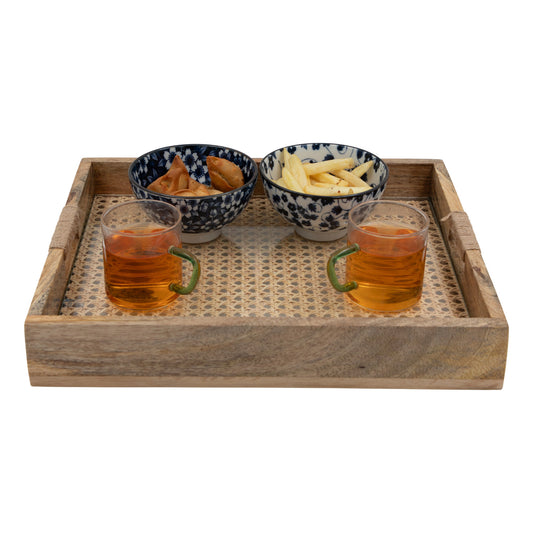 The Weaver's Nest Rattan Weave Solid Wood Serving Tray + Teak Wood Cane Coasters (Set of Six) - KCC6