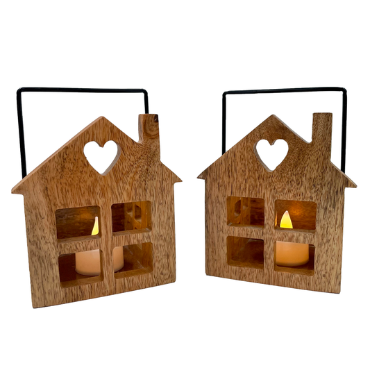 Wooden House T Light Holders / Lanterns- Set of 2