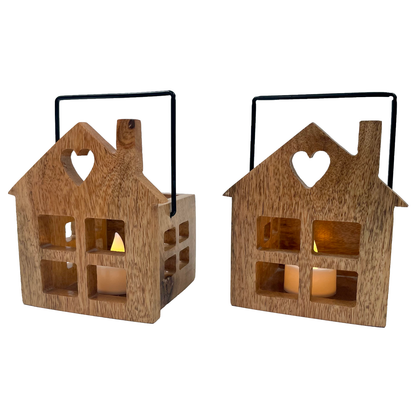 The Weaver's Nest Wooden House T Light Holders / Lanterns- Set of 2