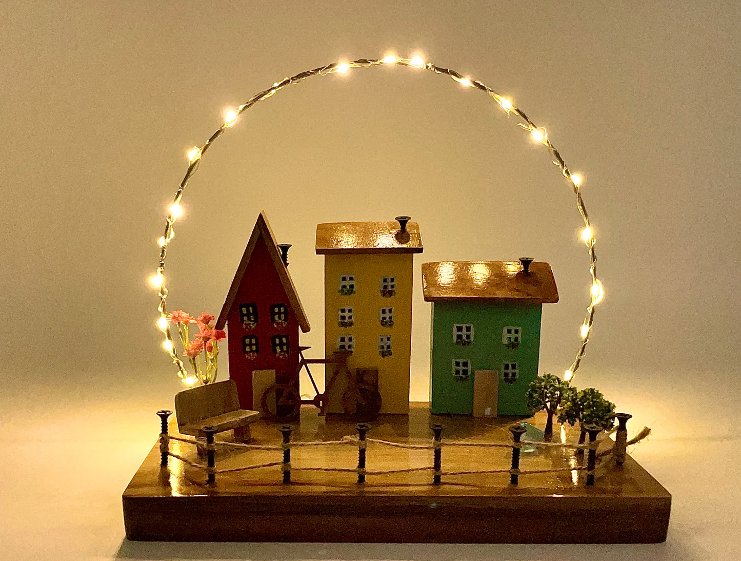 Wooden Houses with String Lights