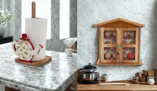 The Weaver's Nest Red Kettle Kitchen Roll Holder + Wooden House Egg Rack Holder - KC1