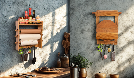 The Weaver's Nest Solid Wood Triple Roll Paper Towel Holder + Rolling Pin and Board Stand, Chakla Belan Stand - KC4