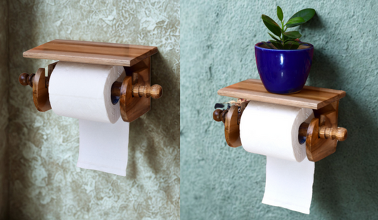 The Weaver's Nest Teak Wood Wall Mounted Toilet Paper Holder with Shelf - MC10