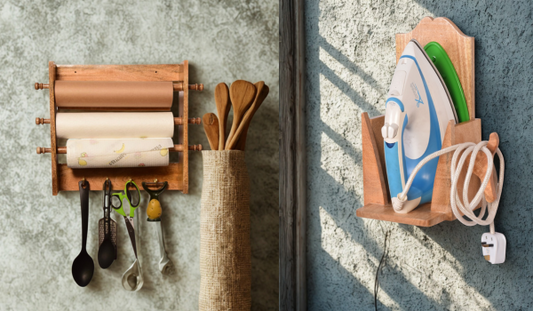 The Weaver's Nest Solid Wood Three in one  Paper Towel Roll Dispenser Holder + Electric Iron Holder - MC5