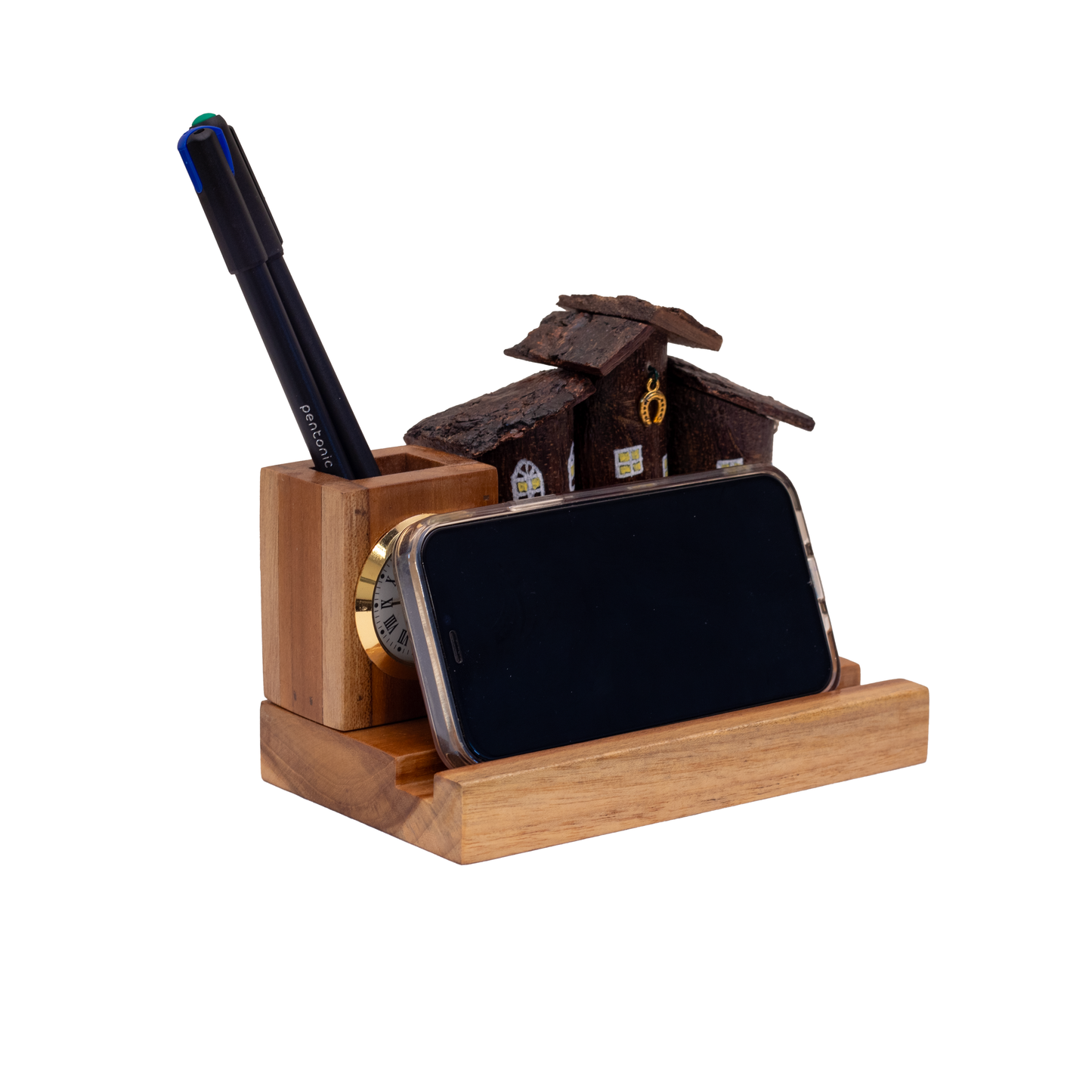 Rustic Houses in a Row Organizer Mobile Holder with clock