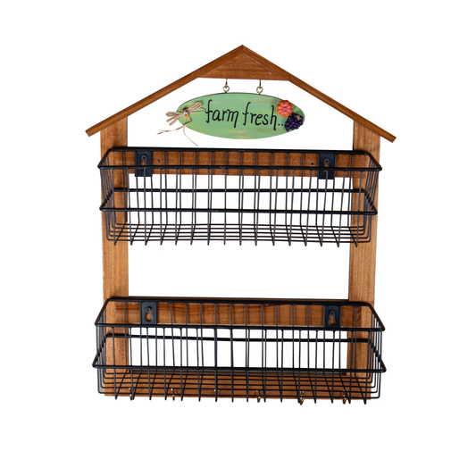The Weaver's Nest Farm-Style Wall-Mounted Wood and Iron Vegetable Storage Unit Two Tier (Big)