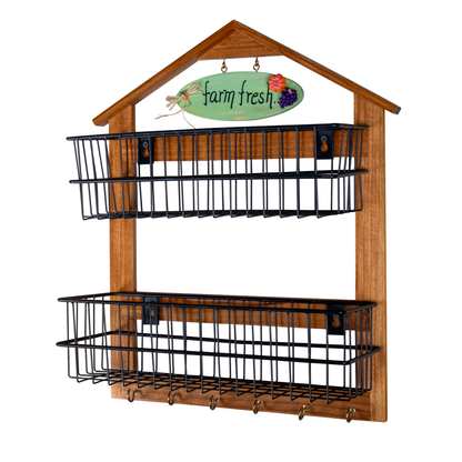 The Weaver's Nest Farm-Style Wall-Mounted Wood and Iron Vegetable Storage Unit Two Tier (Big)