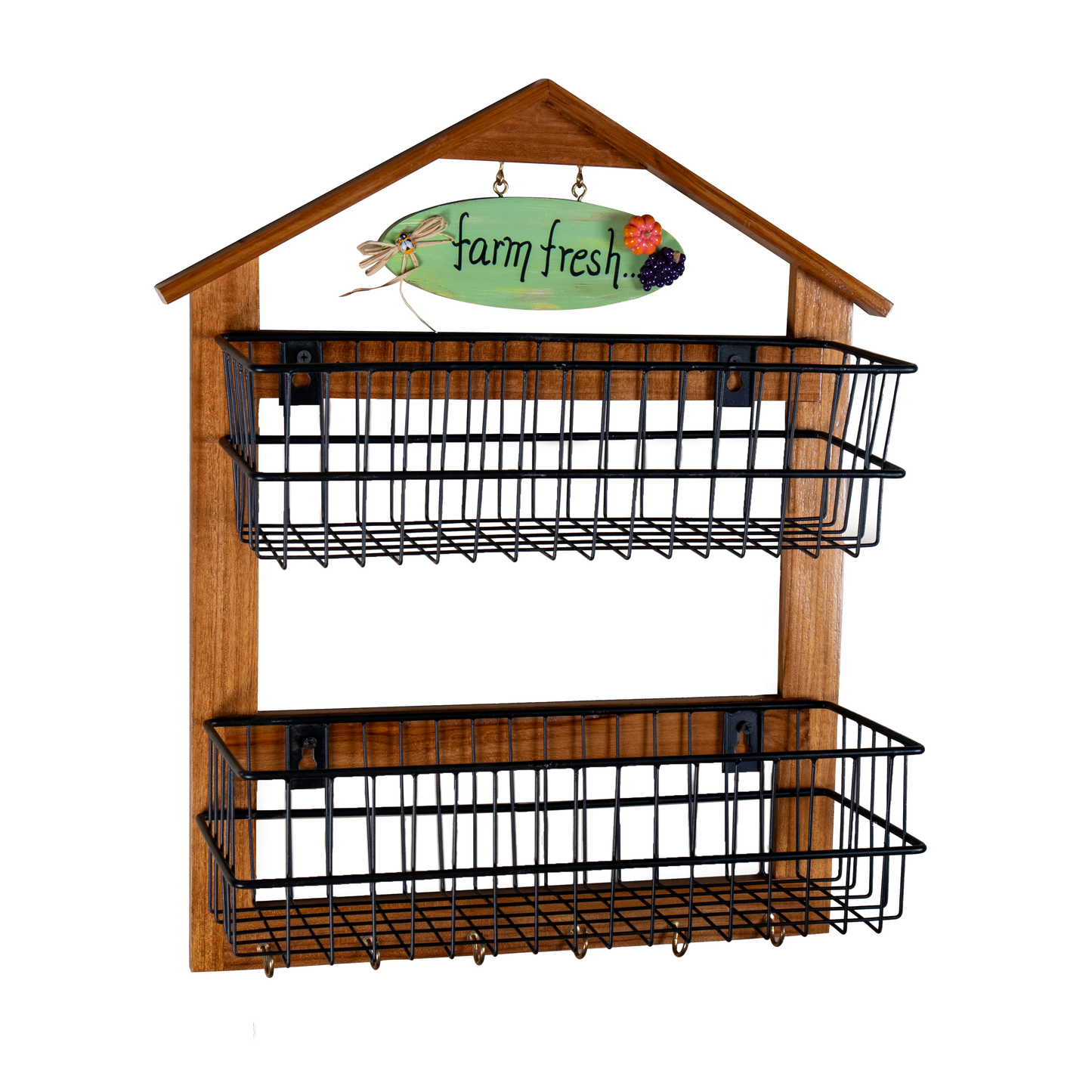 The Weaver's Nest Farm-Style Wall-Mounted Wood and Iron Vegetable Storage Unit Two Tier (Big)