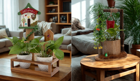 The Weaver's Nest Wishing Well Planter with Floral Vine + Hand Painted Welcome House Planter with Creeper - PC1