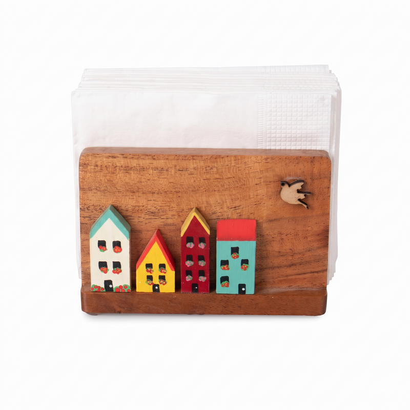 The Weavers Nest Colorful Hand-Painted Village Houses Wooden Napkin Holder