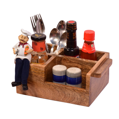 The Weaver's Nest Solid Wood Table Utility Cutlery Holder with Salt and Pepper Shakers and Figurine for Dining Table, Kitchen and Restaurants