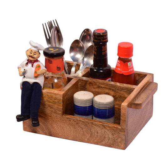 The Weaver's Nest Solid Wood Table Utility Cutlery Holder with Salt and Pepper Shakers and Chef