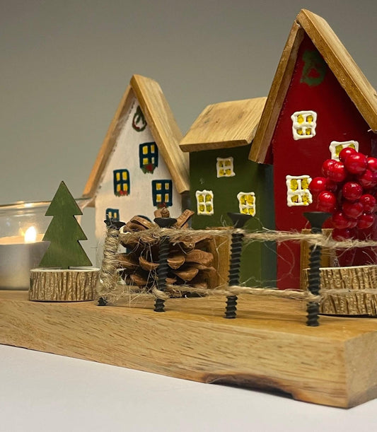 Vintage Wooden Row of Houses T Light Decor