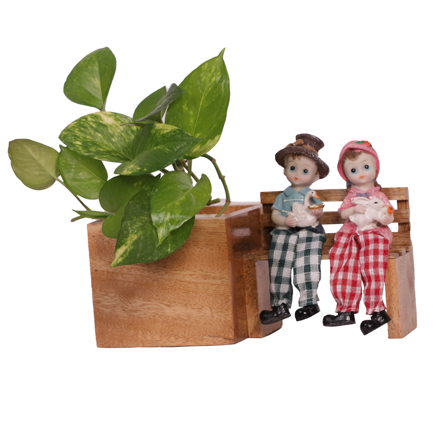 The Weaver's Nest Wooden Bench Planter with Figurine for Home, Porch, Balcony, Garden, Living Room