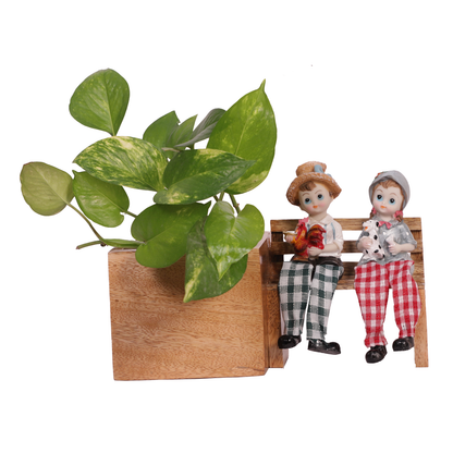 The Weaver's Nest Wooden Bench Planter with Figurine for Home, Porch, Balcony, Garden, Living Room