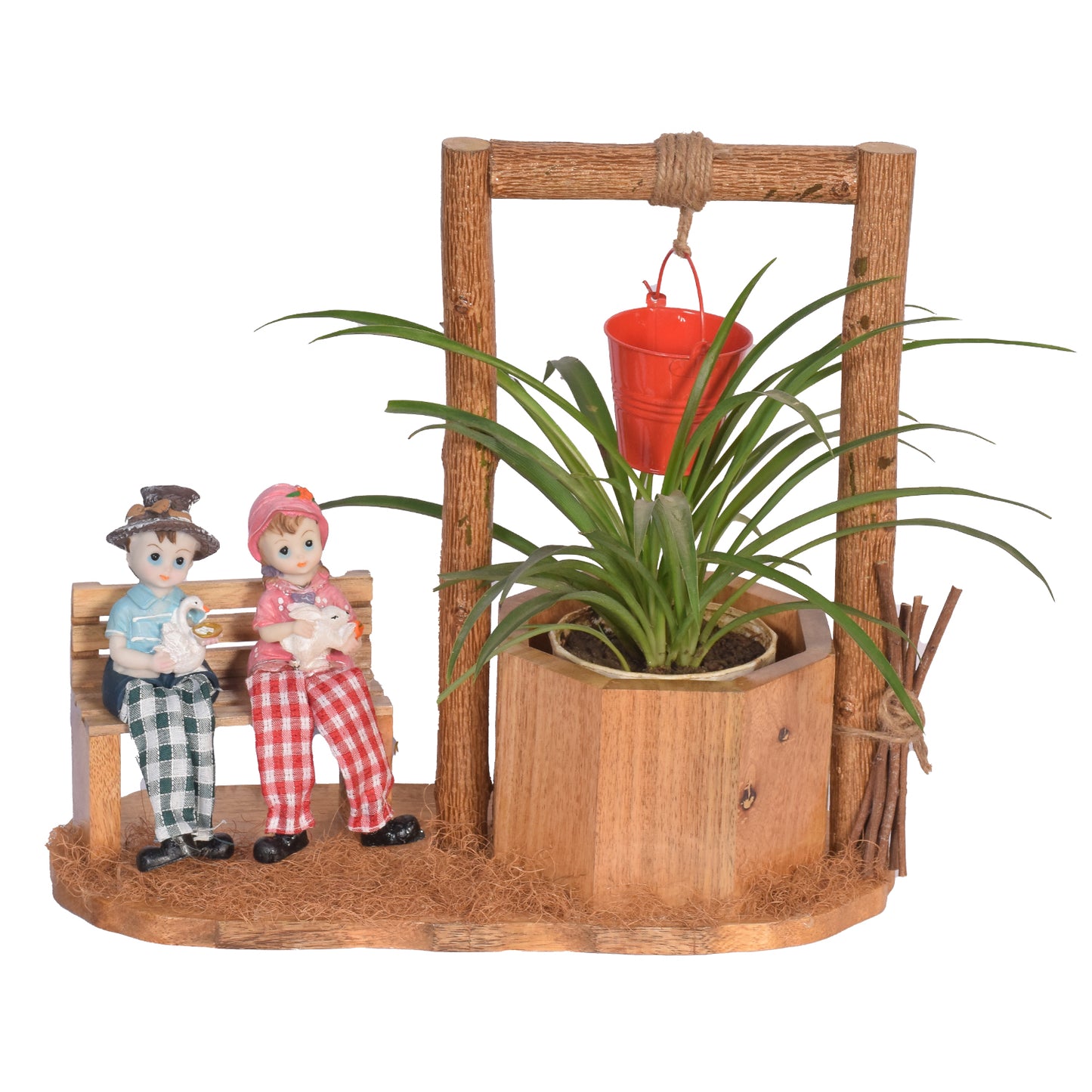 The Weaver's Nest Wishing Well Planter with Figurines sitting on Bench