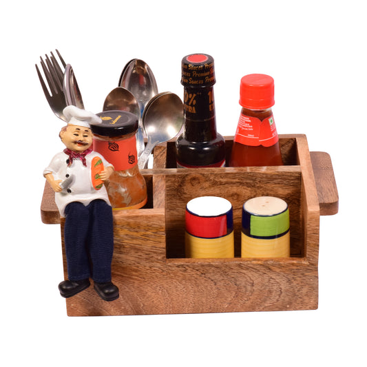 The Weaver's Nest Solid Wood Table Utility Cutlery Holder with Salt and Pepper Shakers and Figurine for Dining Table, Kitchen and Restaurants