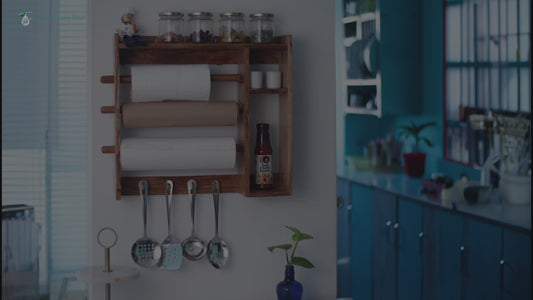 The Weaver's Nest Multi Utility Wooden Paper Towel Holder/Tissue Paper Stand/Roll Dispenser with Spice Rack Shelf and Ladle Holder