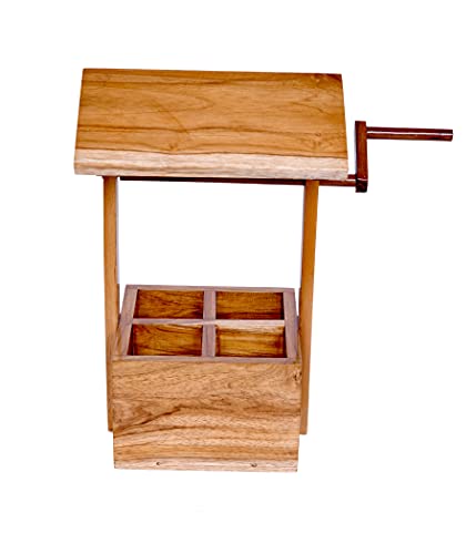 The Weaver's Nest Wooden Wishing Well Table Utility Cutlery Holder for Dining Table, Kitchen and Restaurants (Brown, 30 x 19 x 32 cm)