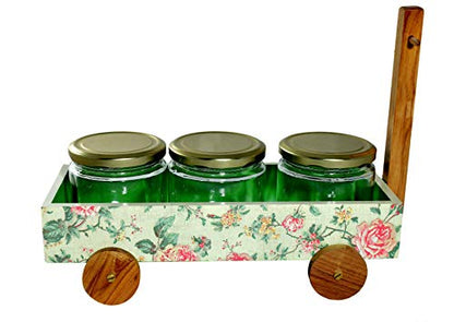 The Weaver's Nest Multi Purpose Hand Painted Wooden Handle Caddy with 3 Jars for Kitchen and Home Organizer (Green, 32 X 14 X 21cm)