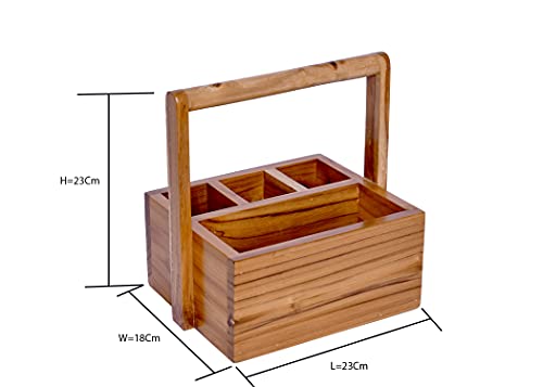 The Weaver's Nest Teak Wood Table Utility Cutlery Holder for Dining Table, Kitchen and Restaurants (Brown, 23 x 18 x 23 cm)