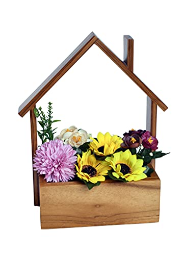 The Weaver's Nest Artificial Flowers Arrangement in Hut Shaped Wooden Planter ,Flower Pot Holder for Garden, Balcony, Home, Living Room