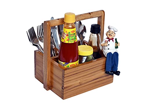 The Weaver's Nest Teak Wood Table Utility Cutlery Holder for Dining Table, Kitchen and Restaurants (Brown, 23 x 18 x 23 cm)