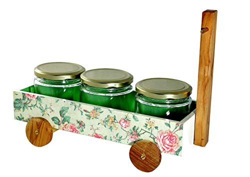 The Weaver's Nest Multi Purpose Hand Painted Wooden Handle Caddy with 3 Jars for Kitchen and Home Organizer (Green, 32 X 14 X 21cm)