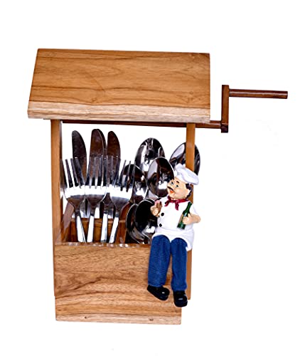 The Weaver's Nest Wooden Wishing Well Table Utility Cutlery Holder for Dining Table, Kitchen and Restaurants (Brown, 30 x 19 x 32 cm)