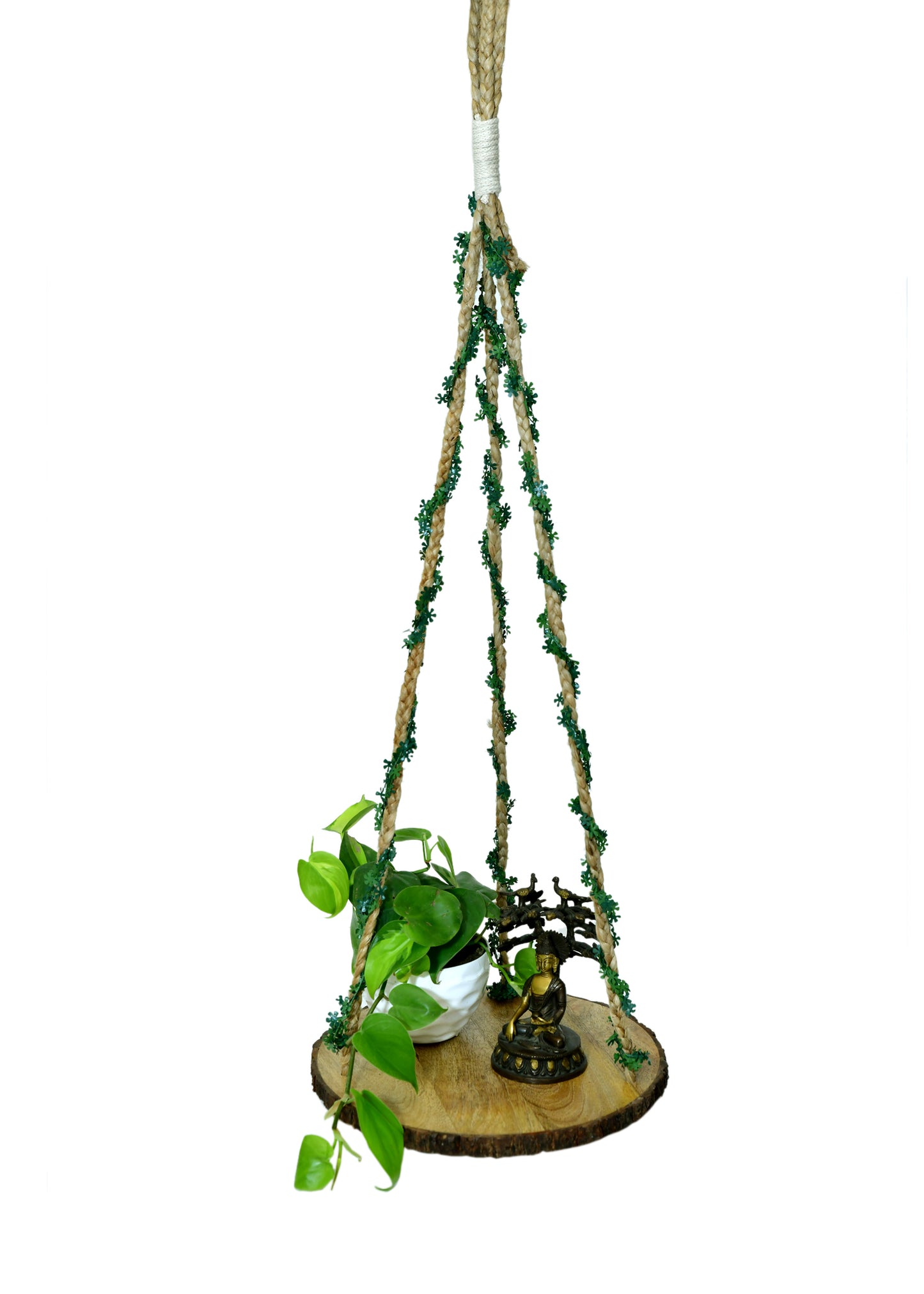 The Weaver's Nest Jute Wall Hanging Shelf with Wooden Base for Indoor, Living Room, Bedroom, Kitchen, Modern Home Décor