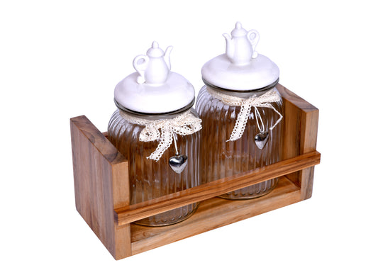 The Weaver's Nest Teak Wood Kitchen Shelf with Beautiful Glass Jars for Home