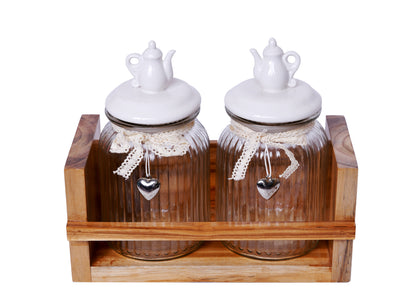 The Weaver's Nest Teak Wood Kitchen Shelf with Beautiful Glass Jars for Home
