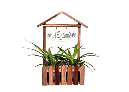 The Weaver's Nest Wooden Welcome Decorative Fence Planter for Indoor, Home Decor, Entrance, Living Room, Garden, Balcony (Brown, 30 X 16 X 40 cm)